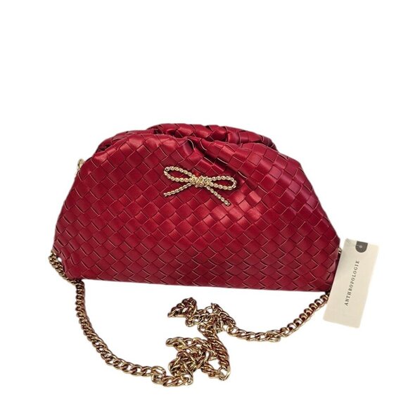 Anthropologie Maeve The Frankie Mini Clutch, Woven Bow Edition, Red, Chain Strap - Picture 1 of 8